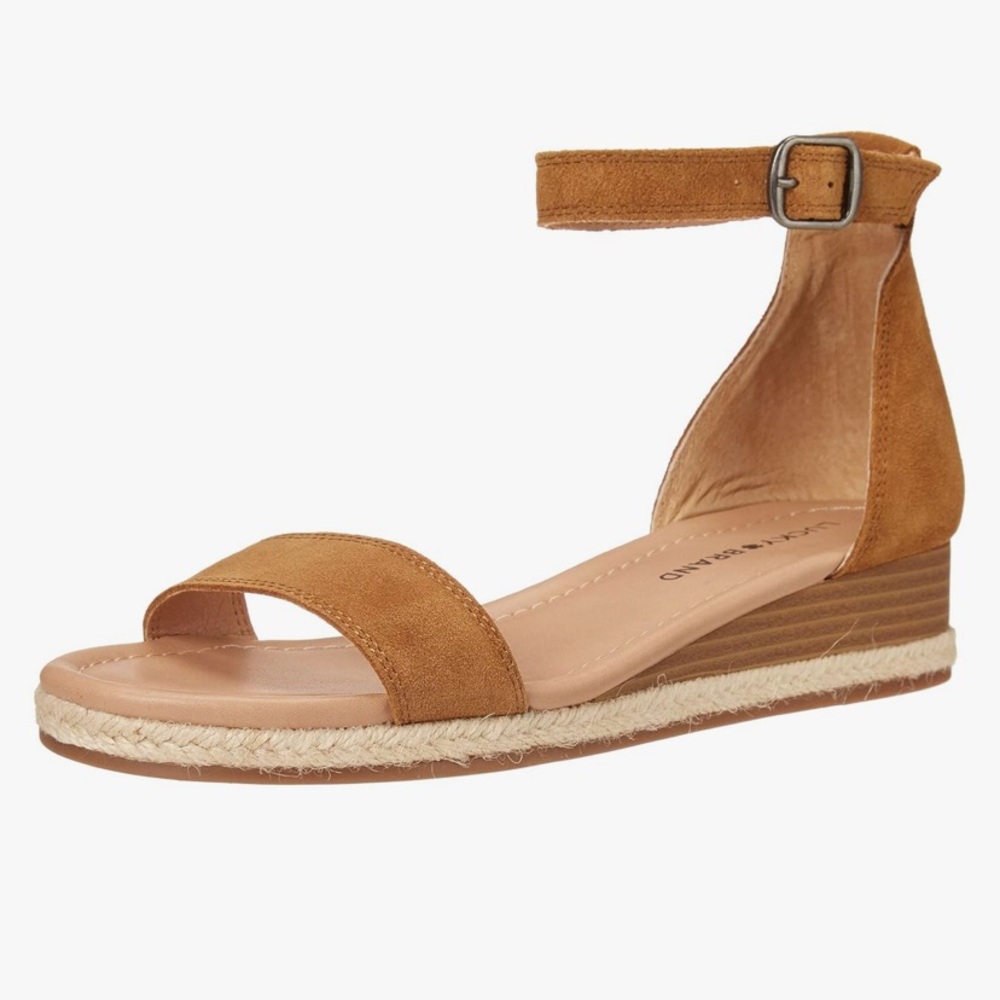 EUC Lucky Brand “Westae” Wedge Genuine Suede Sandals in Topanga Tan